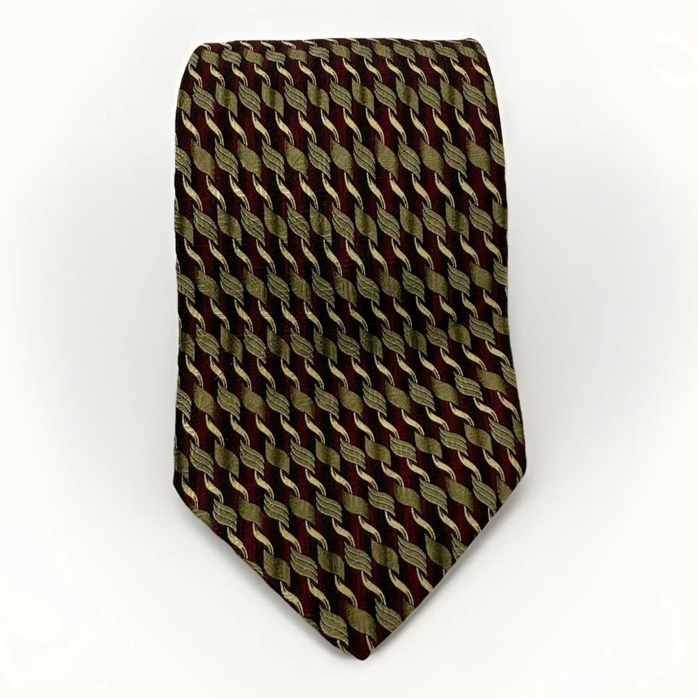 Carlos Devenezia Burgundy Red Gold White Silk‎ Tie Geometric Links